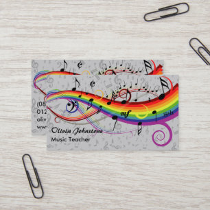 Rainbow Black Musical Notes on Grey Business Cards