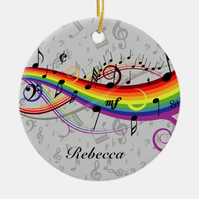 Rainbow Black Musical Notes on Grey Ceramic Tree Decoration (Front)