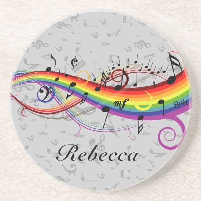 Rainbow Black Musical Notes on Grey Coaster (Front)