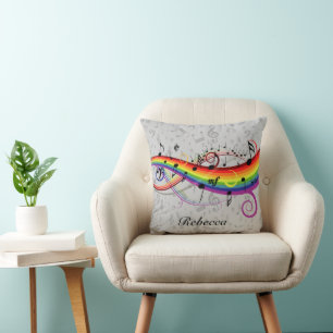 Rainbow Black Musical Notes on Grey Cushion