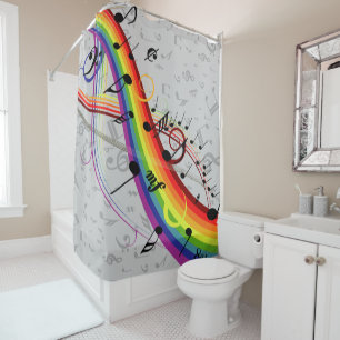 Rainbow Black Musical Notes on Grey Shower Curtain