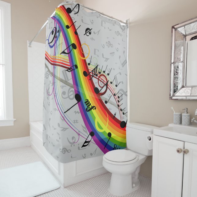 Rainbow Black Musical Notes on Grey Shower Curtain (In Situ)