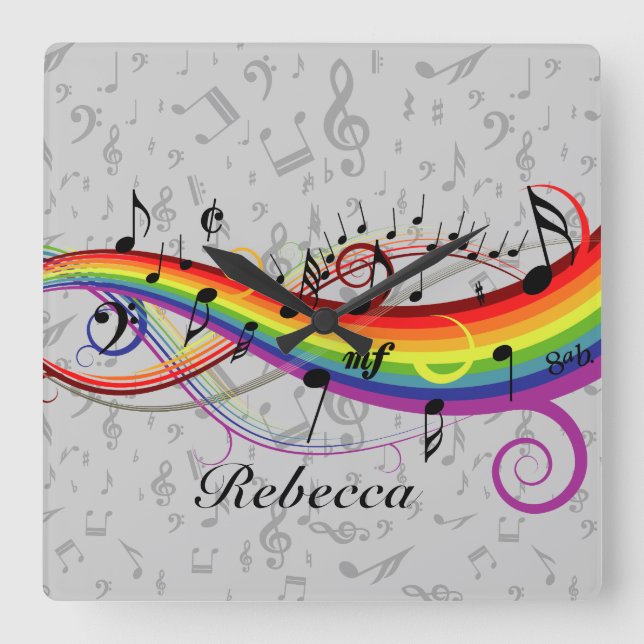 Rainbow Black Musical Notes on Grey Square Wall Clock (Front)
