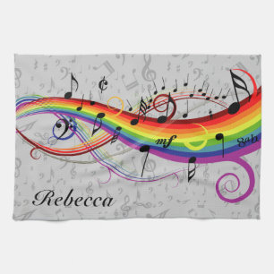 Rainbow Black Musical Notes on Grey Tea Towel