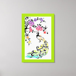Rainbow, black peacock and cherry blossoms canvas print