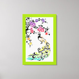 Rainbow, black peacock and cherry blossoms canvas print