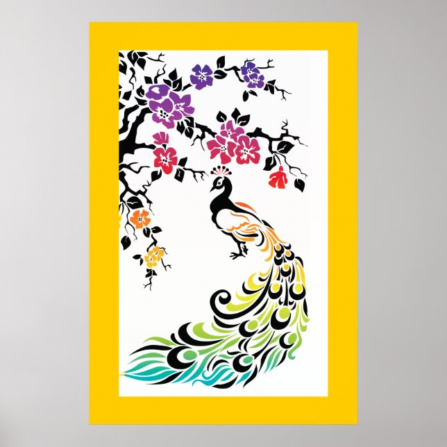 Rainbow, black peacock and cherry blossoms poster (Front)