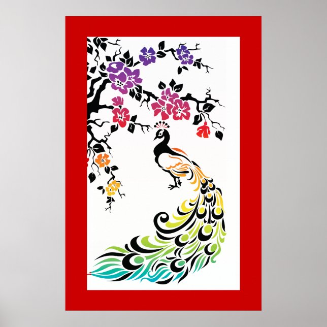 Rainbow, black peacock and cherry blossoms poster (Front)