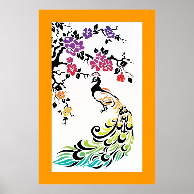 Rainbow, black peacock and cherry blossoms poster (Front)