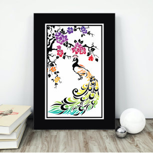 Rainbow, black peacock and cherry blossoms poster