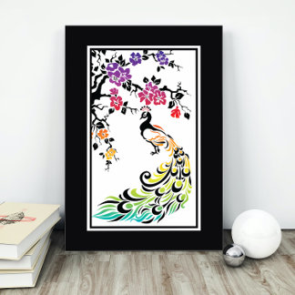 Rainbow, black peacock and cherry blossoms poster