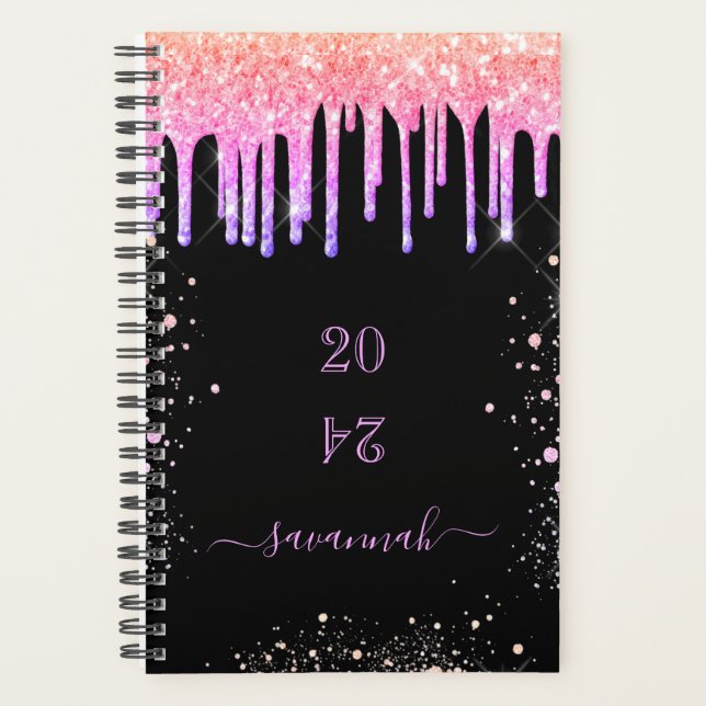 Rainbow black pink glitter drips 2026 planner (Front)