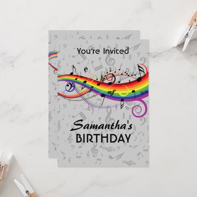 Rainbow Blck Music Notes  Birthday Party Invitation (Front/Back In Situ)