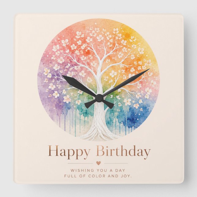 Rainbow Blossom Tree Birthday Joy Square Wall Clock (Front)
