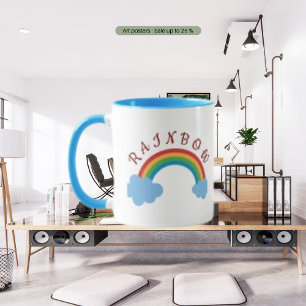Rainbow, Blue Cloud Watercolor and Custom Text Mug