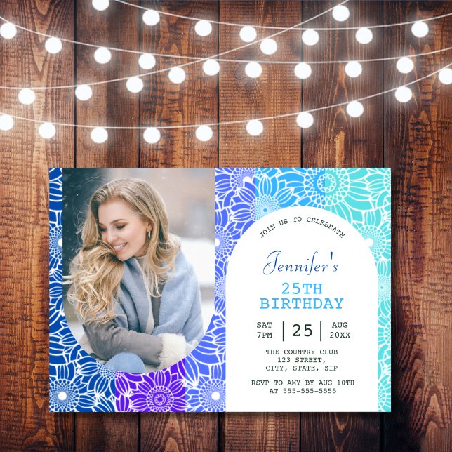 Rainbow Blue Stripes Floral Arch Photo Birthday  Invitation (Creator Uploaded)