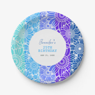 Rainbow Blue Stripes Floral Birthday  Paper Plate