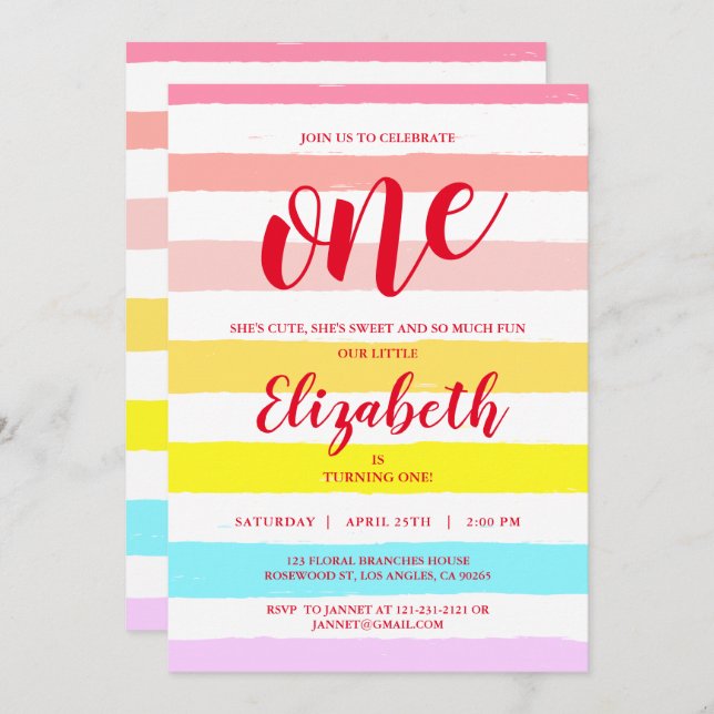 Rainbow Blush Stripes Watercolor Surprise Birthday Invitation (Front/Back)