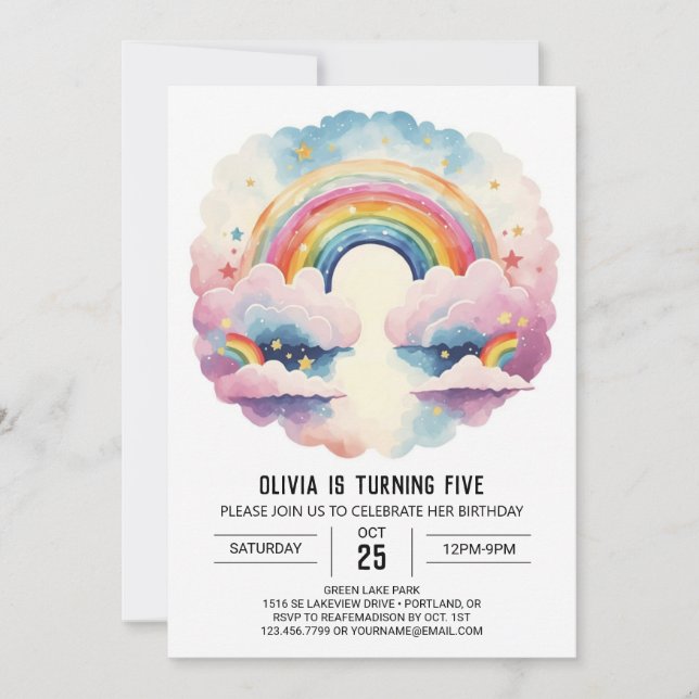 Rainbow Boho Clouds Girl Birthday Invitation (Front)