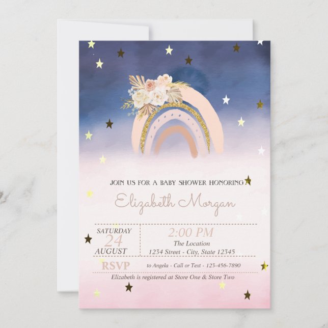 Rainbow Boho Flowers Stars Ombre Baby Shower Invitation (Front)