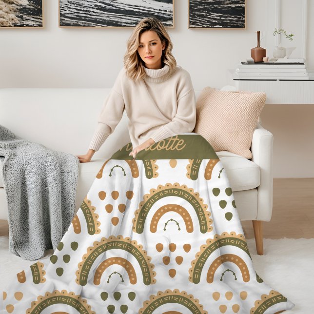 Rainbow Boho Personalised Green White Brown Fleece Blanket (Rainbow Boho Personalized Green White Brown Fleece Blanket from Ricaso. Great custom gift idea )