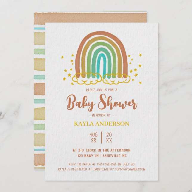 Rainbow Boho Watercolor Baby Shower Invitation (Front/Back)