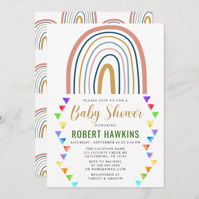 Rainbow Boho Watercolor Baby Shower Invitation (Front/Back)
