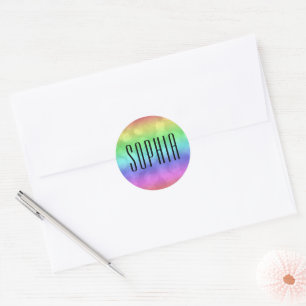 Rainbow Bokeh Cute Colourful Name Classic Round Sticker
