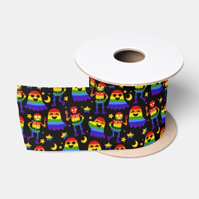 🦇🌈 Rainbow Bones & Stars  Satin Ribbon (Spool)