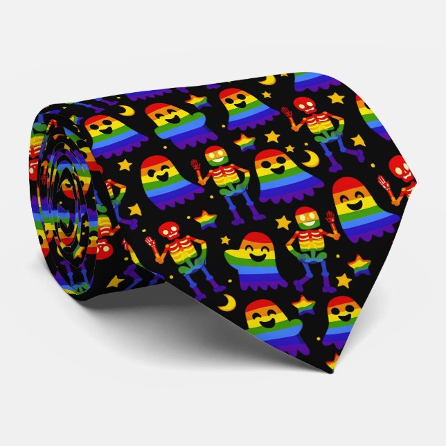 🦇🌈 Rainbow Bones & Stars  Tie (Rolled)