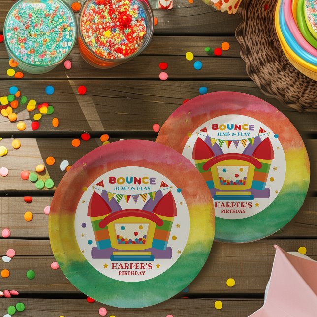 Rainbow Bounce House Birthday Party  Paper Plate (Let our rainbow bounce house birthday party plates, take your little one’s big day to new heights.)