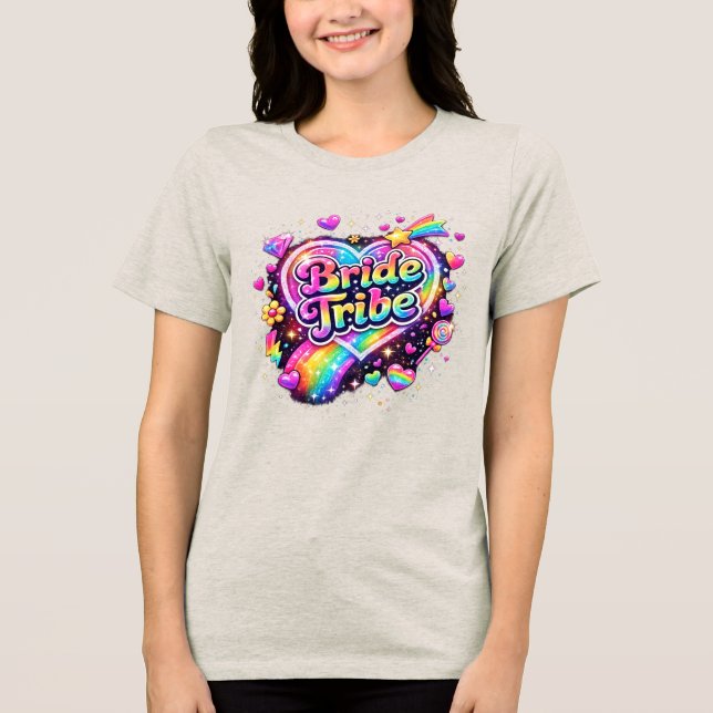 Rainbow Bride Tribe Sparkle Heart Bachelorette Par Tri-Blend Shirt (Front)