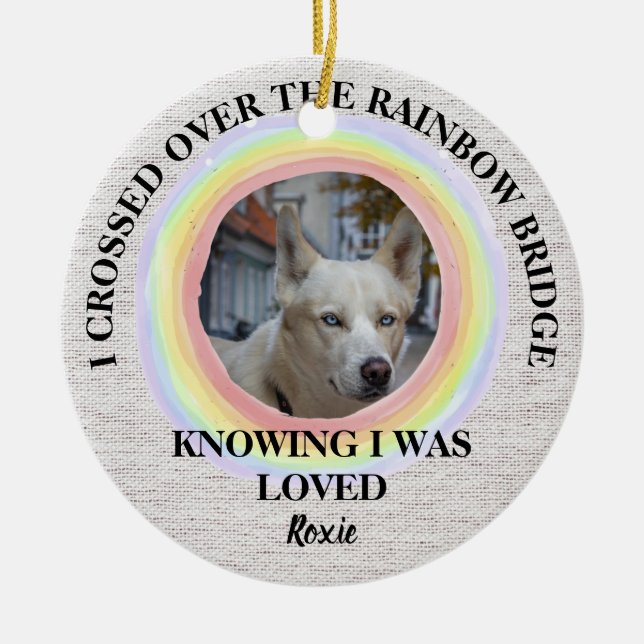 Rainbow Bridge Dog memorial, Custom photo & Name Ceramic Tree Decoration (Front)
