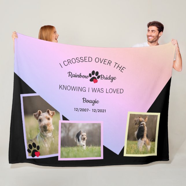 Rainbow Bridge Fold Over Pet Name Photo Large Fleece Blanket (In Situ)