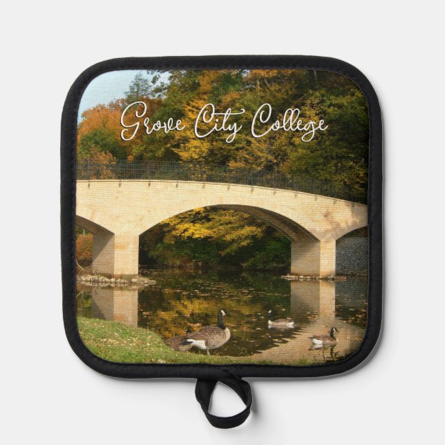 Rainbow Bridge in Fall at Grove City College Pot Holder (Front)