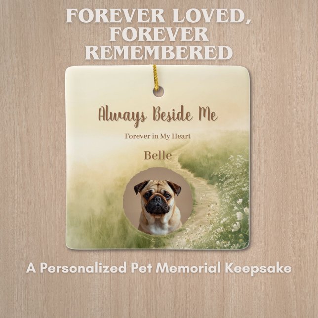 Rainbow Bridge Pet Memorial Ornament with Photo (Custom Rainbow Bridge memorial ornament with pet photo and personalized remembrance text.)