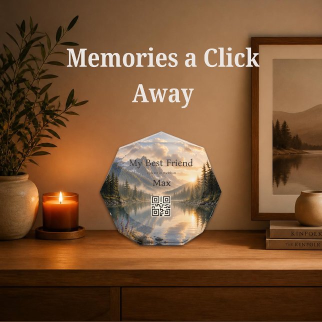 Rainbow Bridge QR Code Memorial Block | Custom (Rainbow Bridge acrylic memorial block with a customizable QR code and peaceful mountain lake artwork)