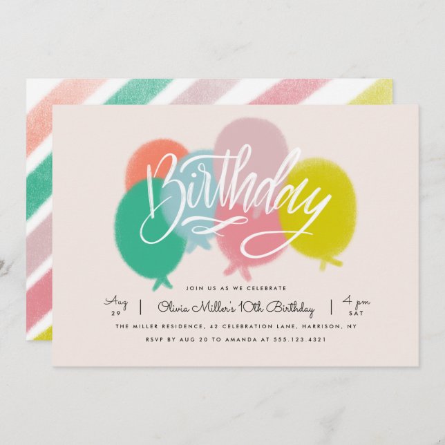 Rainbow Bright Balloons Birthday Party Blush Pink Invitation (Front/Back)