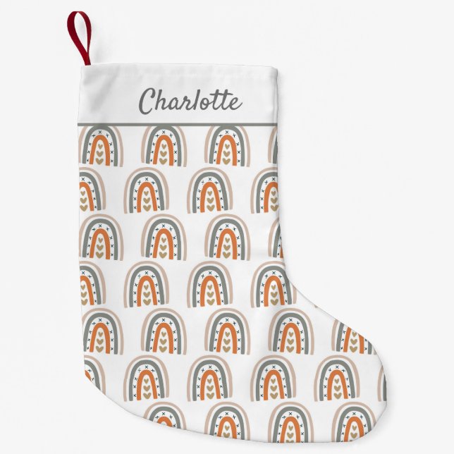 Rainbow brown beige white monogram modern small christmas stocking (Front)