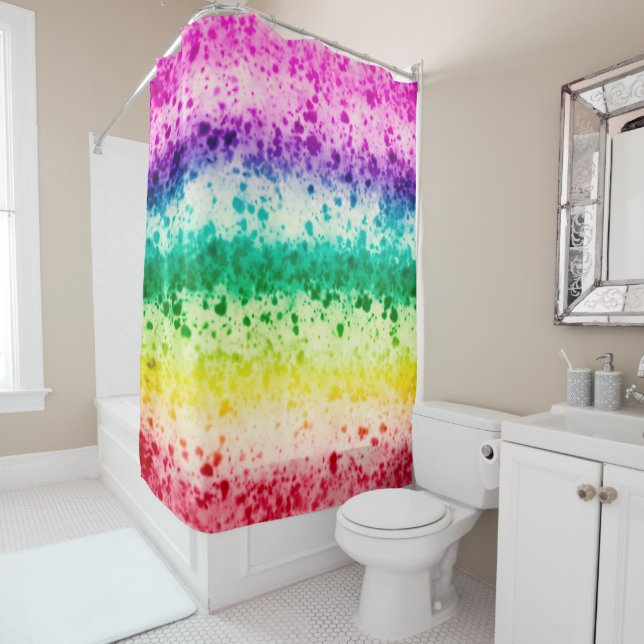 Rainbow Brush Splatter Modern Abstract Art Shower Curtain (In Situ)