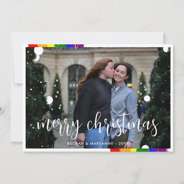 Rainbow Brush Strokes LGBT Merry Christmas Photo Holiday Card (Front)