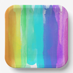 Rainbow Brushstrokes Colourful Artisan Watercolors Paper Plate