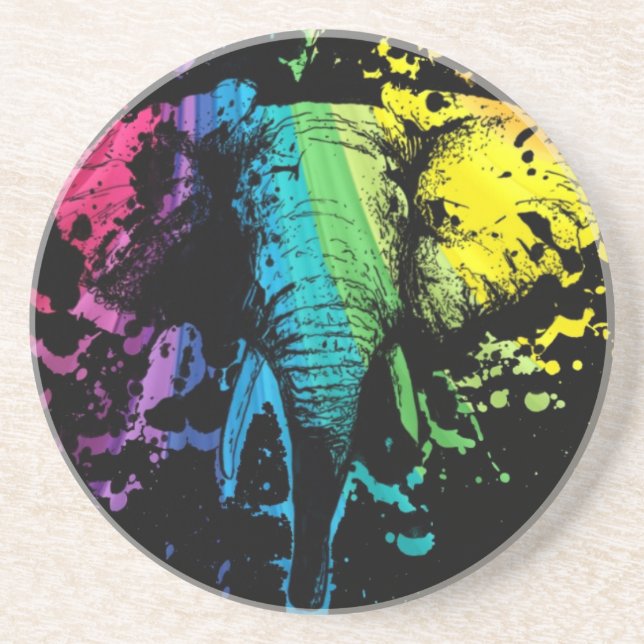 Rainbow Bull Elephant on Black Coaster (Front)