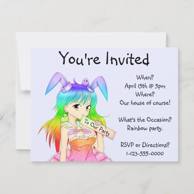 Rainbow Bunny Anime Girl Invitation (Front)