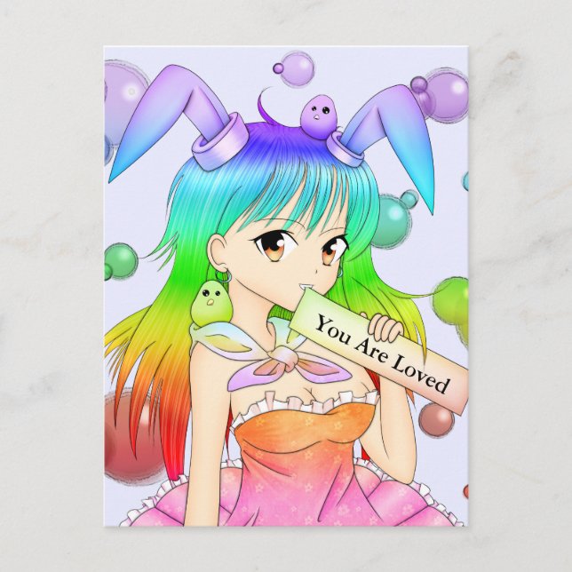 Rainbow Bunny Anime Girl Postcard (Front)