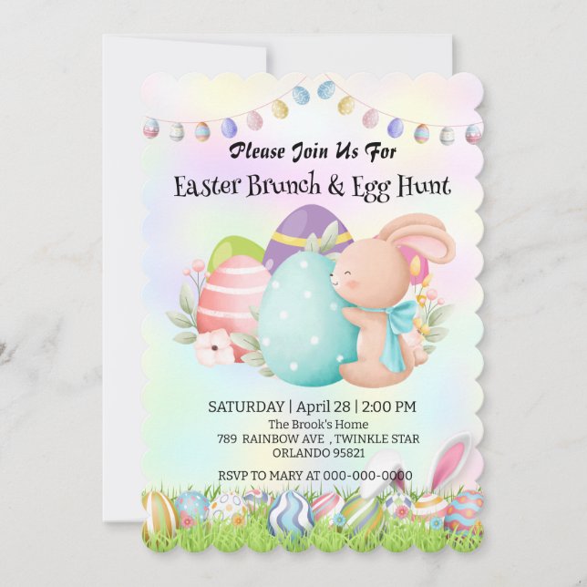 Rainbow bunny hunting egg Happy Easter day Party Invitation (Front)
