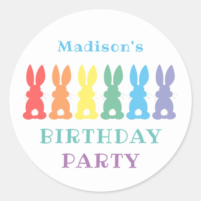 Rainbow Bunny Rabbit Kids Personalised Party Classic Round Sticker (Front)