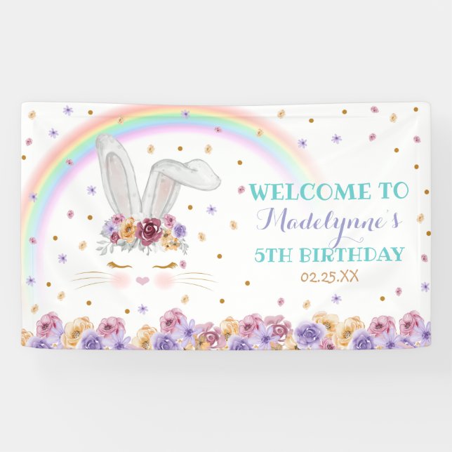 Rainbow Bunny Watercolor Floral Bunny Birthday Banner (Horizontal)