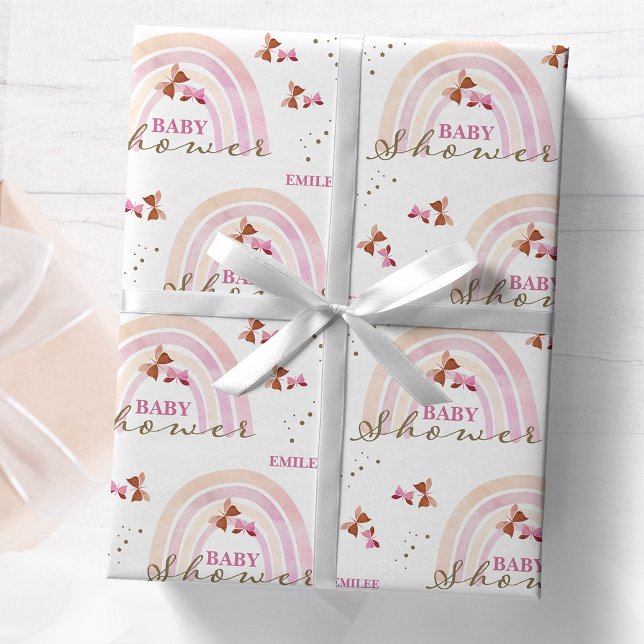 Rainbow Butterflies Baby Shower Pastel Pinks Wrapping Paper (Creator Uploaded)