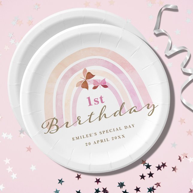 Rainbow Butterflies Birthday Party Pastel Pinks Paper Plate (Creator Uploaded)